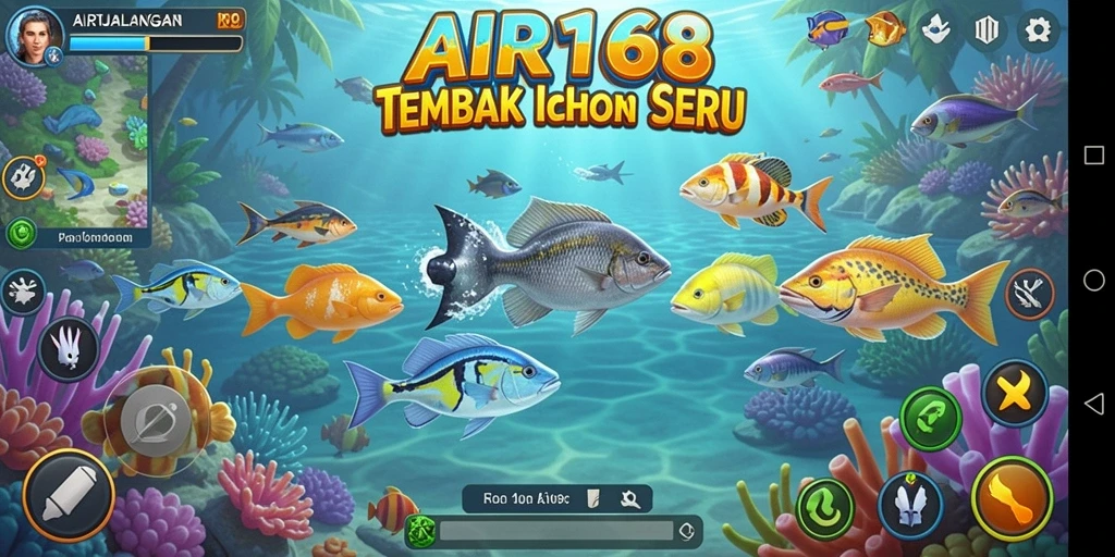 Tampilan gameplay seru di air dengan berbagai ikan yang menunggu untuk ditangkap.