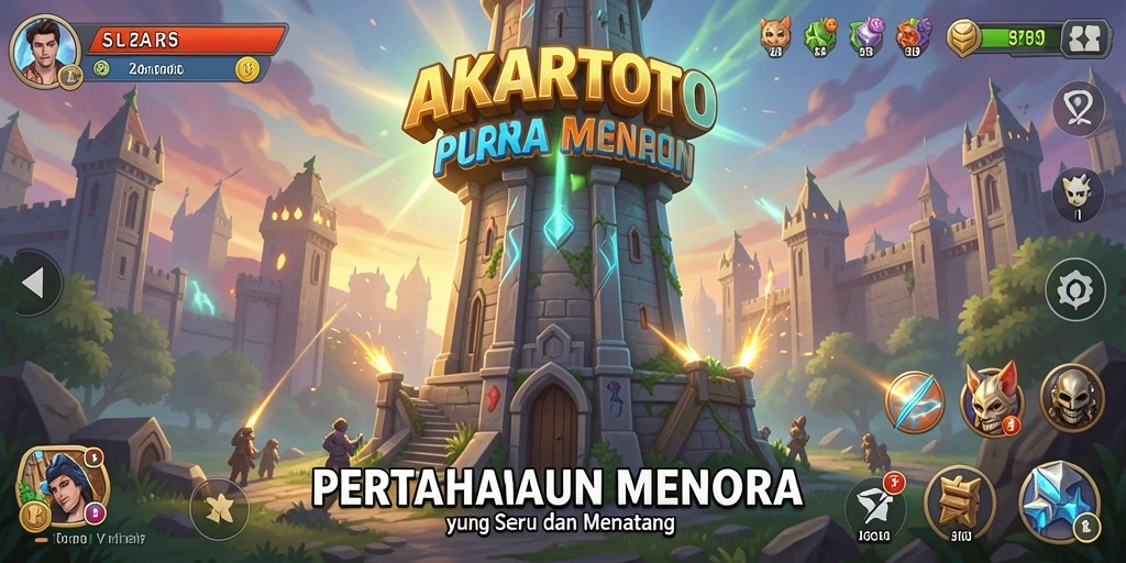Tampilan gameplay AKARTOTO dengan menara yang siap bertahan melawan serangan.