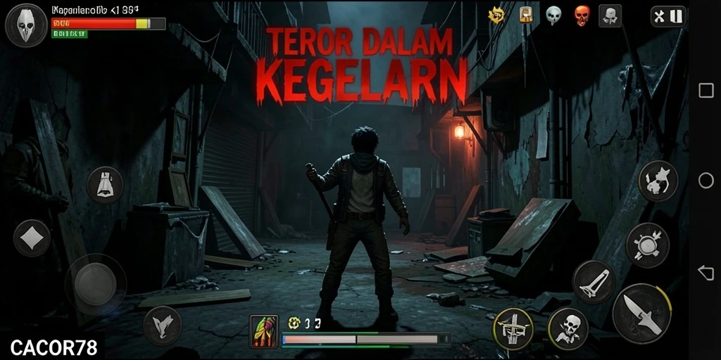 Screenshot utama CACOR78 menampilkan karakter yang terjebak dalam kegelapan mencekam.