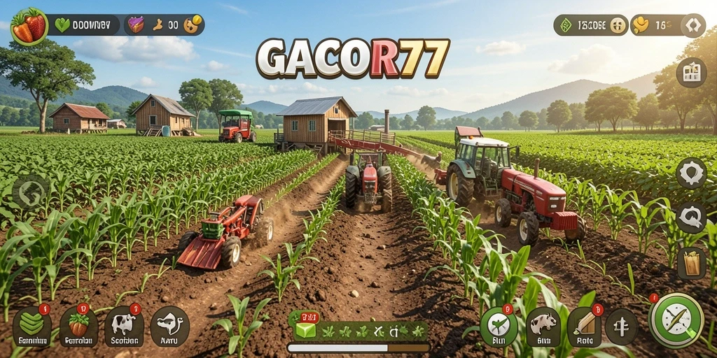 Screenshot gameplay GACOR77 menampilkan ladang yang subur dan hewan ternak.