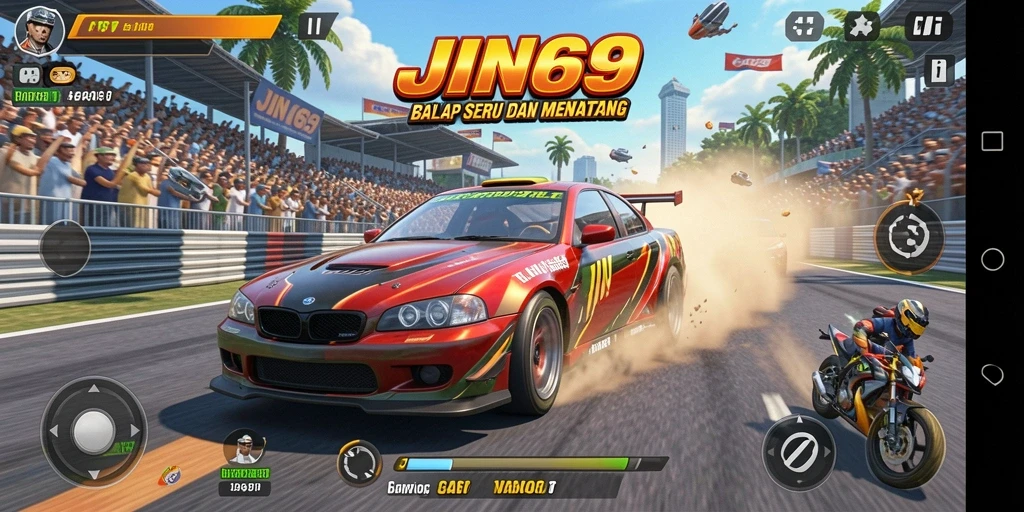 Gameplay menegangkan dan menyenangkan dalam JIN69 saat balapan.