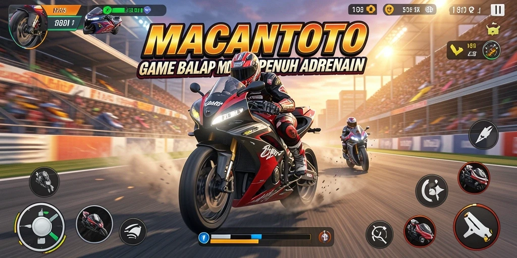 Tangkapan layar utama MACANTOTO menampilkan aksi balap motor yang mendebarkan.