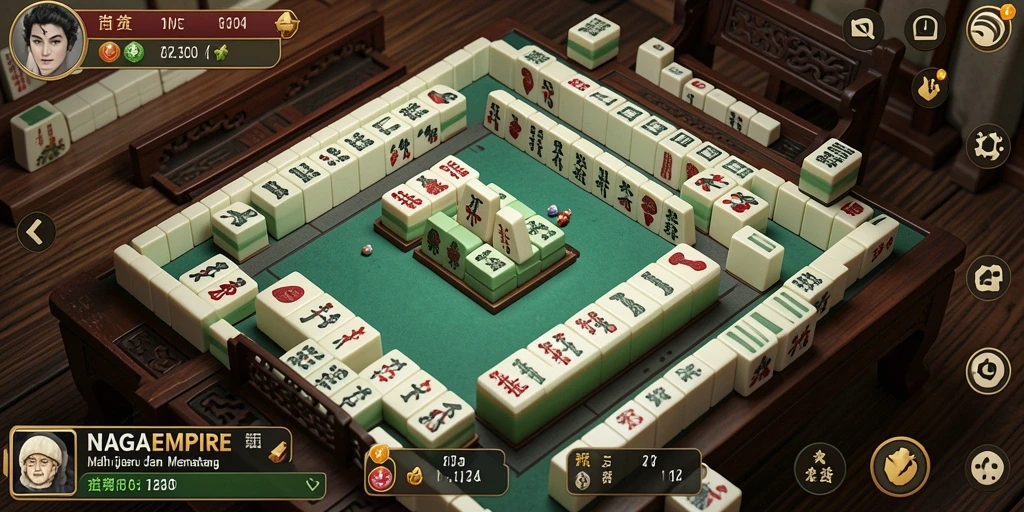 Screenshot gameplay NAGAEMPIRE menampilkan ubin Mahjong yang penuh warna.
