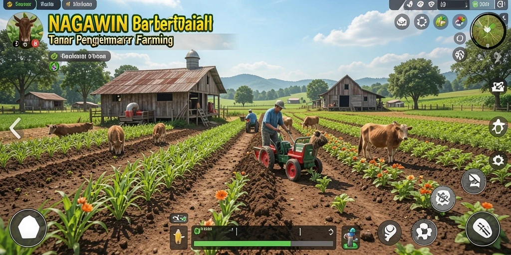 Gameplay NAGAWIN menampilkan aktivitas pertanian yang seru dan beragam.