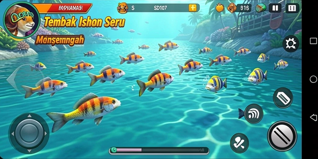 Gameplay seru SD107 dengan berbagai jenis ikan untuk ditangkap.